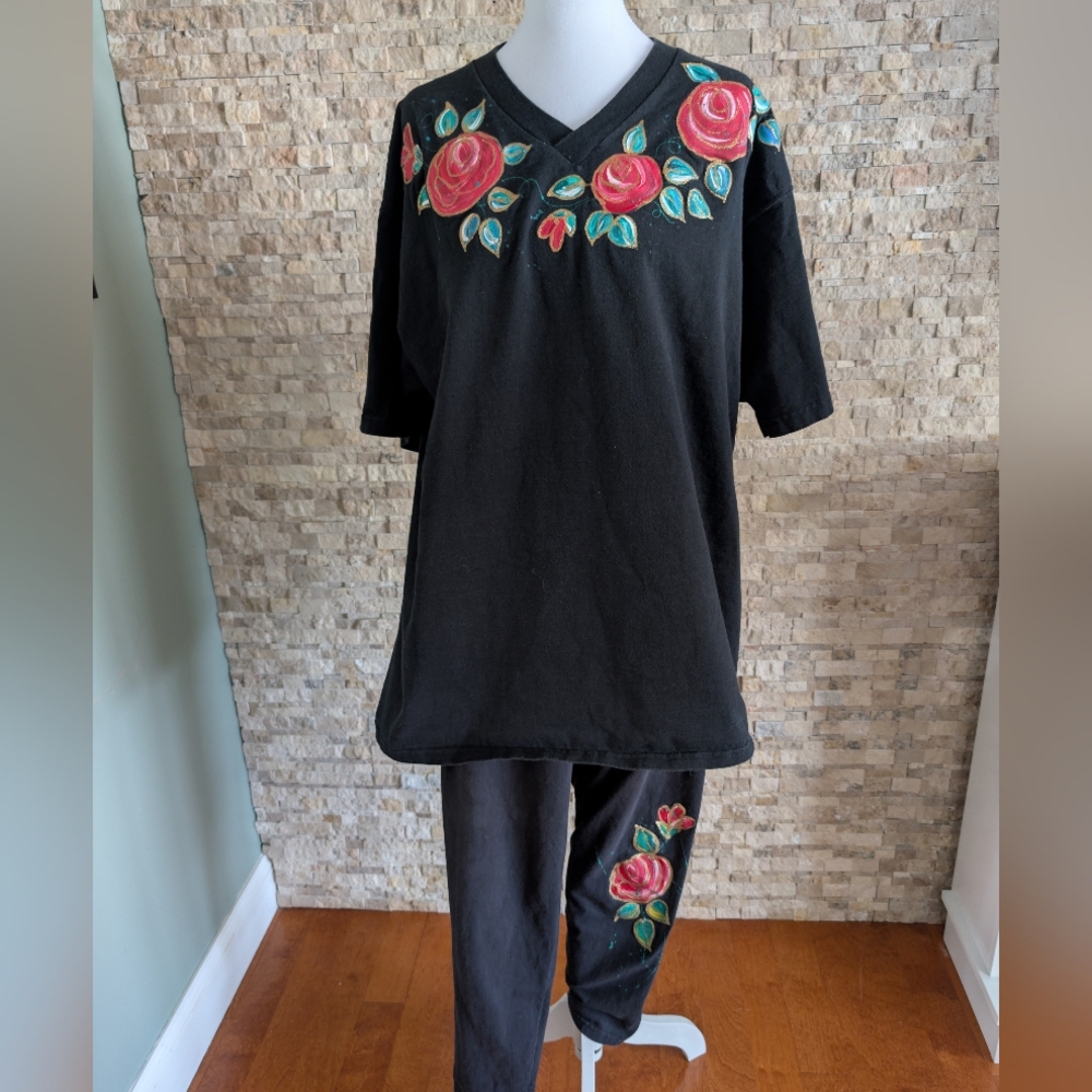 Vintage Cotton Pants Handpainted Floral Rose Black Jogger Artsy Chic Teacher image 9